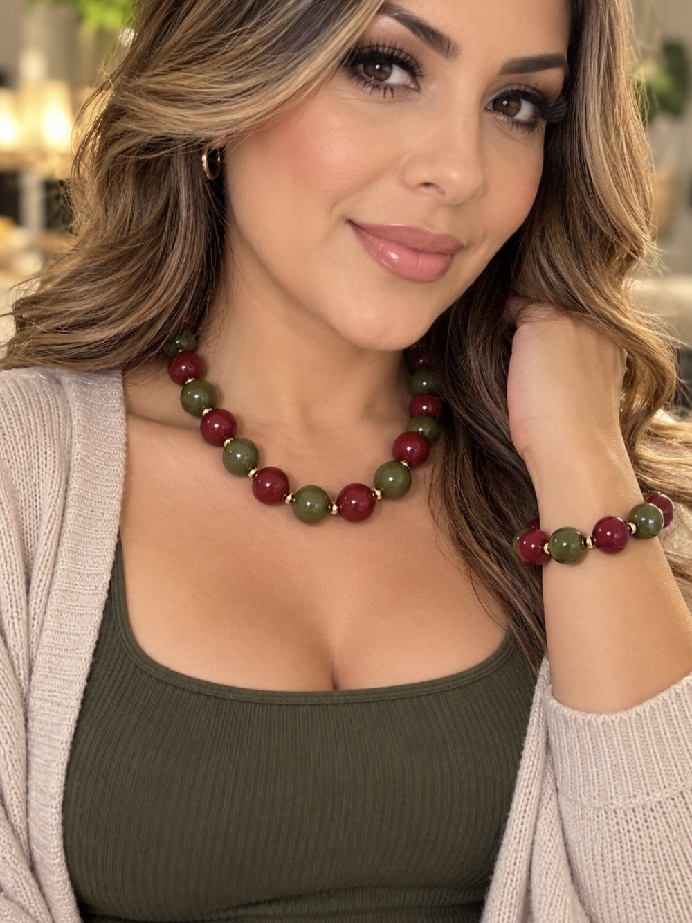Handcrafted Olive Green and Burgundy Beaded Necklace & Bracelet Set